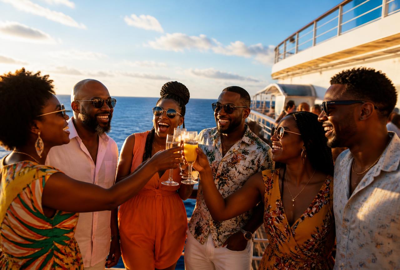 Group of friends celebrating together on a sunny cruise ship deck